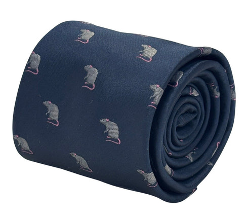 navy blue tie with embroidered rat design