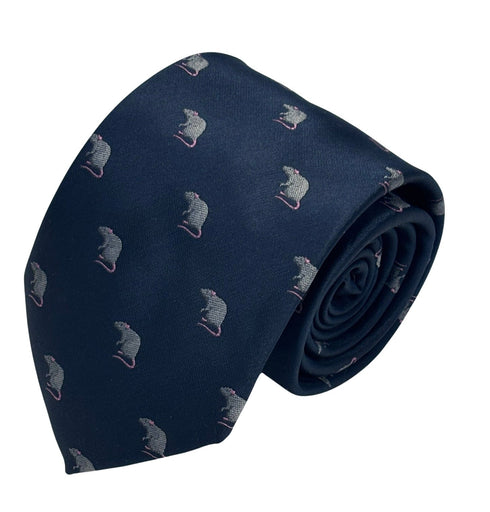 navy blue tie with embroidered rat design