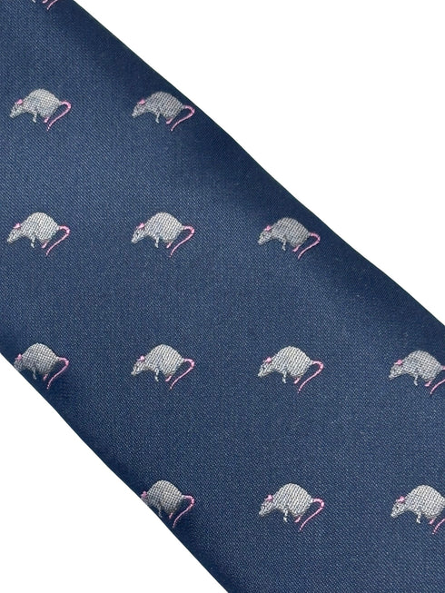 navy blue tie with embroidered rat design
