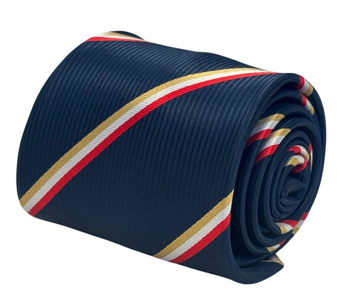 navy tie with gold yellow, white and  red stripe