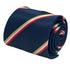 navy tie with gold yellow, white and  red stripe