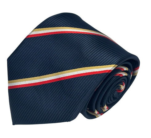 navy tie with gold yellow, white and  red stripe