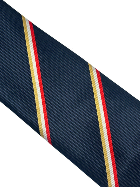 navy tie with gold yellow, white and  red stripe