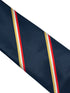 navy tie with gold yellow, white and  red stripe