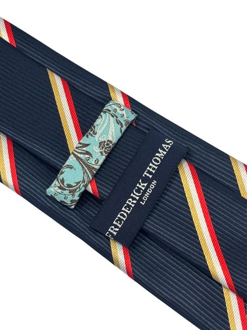 navy tie with gold yellow, white and  red stripe