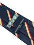 navy tie with gold yellow, white and  red stripe