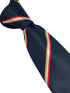 navy tie with gold yellow, white and  red stripe