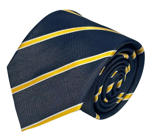 midnight grey blue tie with yellow and fine white club stripe
