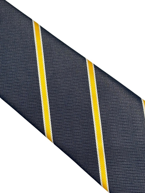 midnight grey blue tie with yellow and fine white club stripe