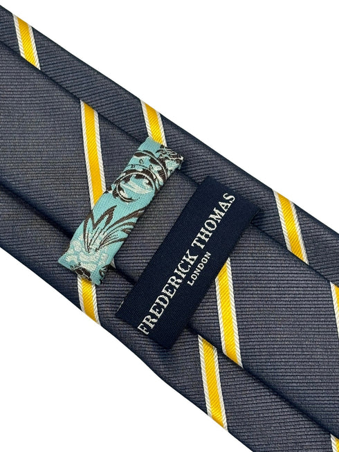 midnight grey blue tie with yellow and fine white club stripe
