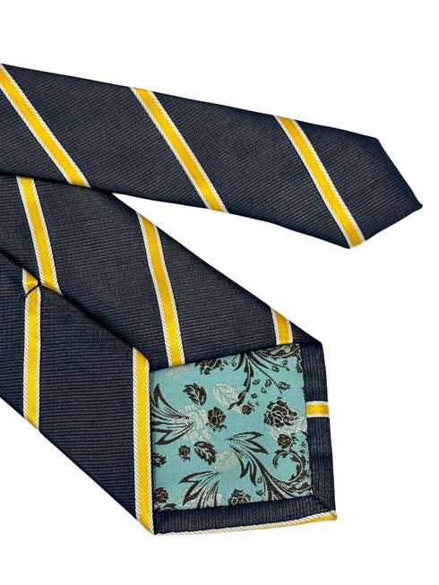 midnight grey blue tie with yellow and fine white club stripe