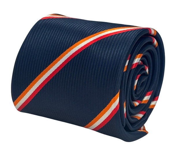 navy tie with orange, white and red stripes