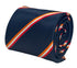 navy tie with orange, white and red stripes
