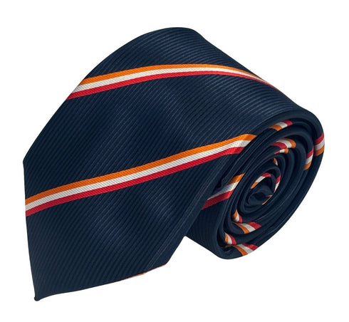 navy tie with orange, white and red stripes