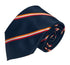 navy tie with orange, white and red stripes