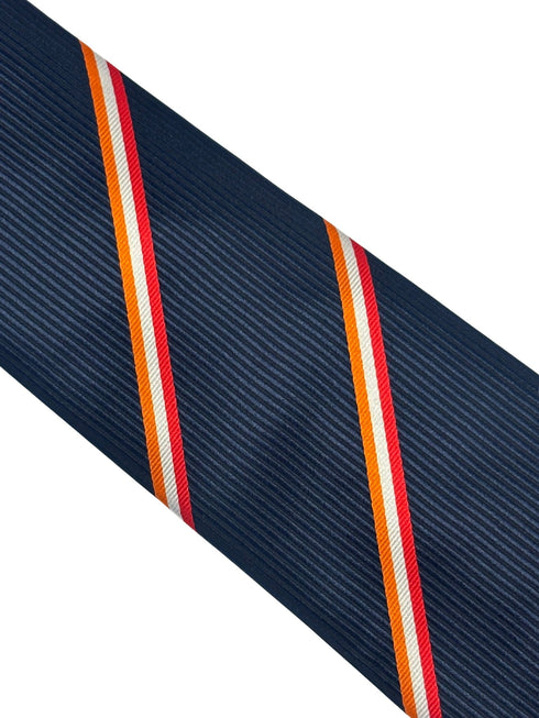 navy tie with orange, white and red stripes