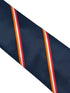 navy tie with orange, white and red stripes