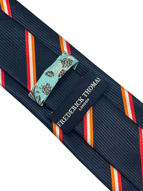 navy tie with orange, white and red stripes