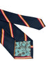 navy tie with orange, white and red stripes