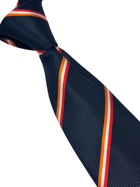navy tie with orange, white and red stripes