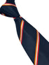 navy tie with orange, white and red stripes
