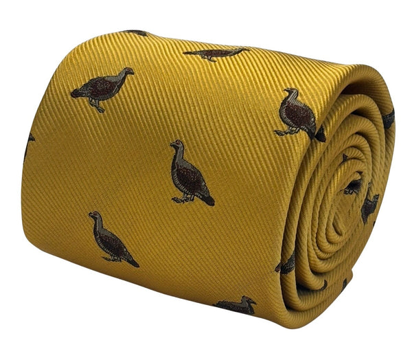 mustard yellow tie with embroidered grouse design