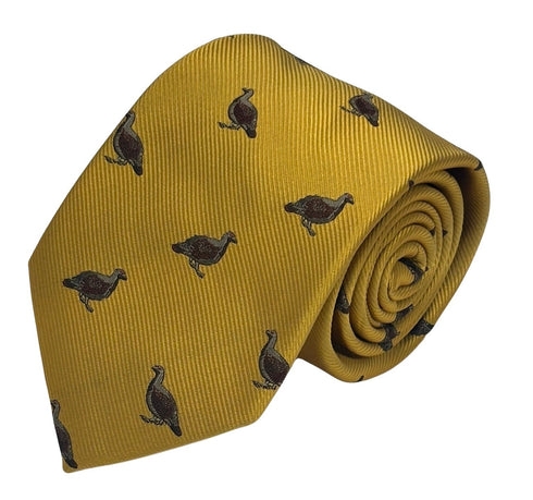 mustard yellow tie with embroidered grouse design