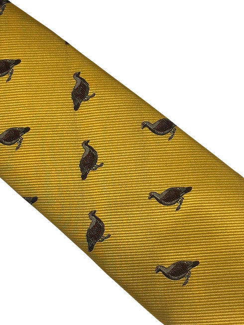 mustard yellow tie with embroidered grouse design