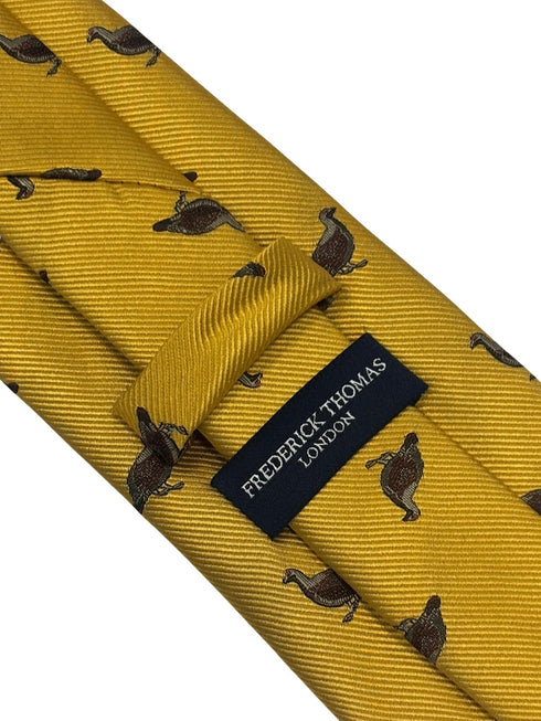 mustard yellow tie with embroidered grouse design