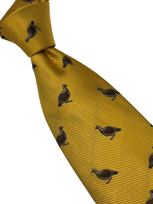 mustard yellow tie with embroidered grouse design