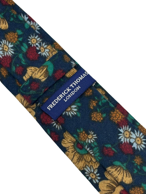 navy blue tie cotton tie with yellow geraniums in a vintage 1940s style