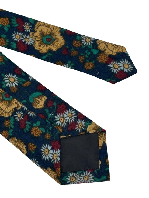 navy blue tie cotton tie with yellow geraniums in a vintage 1940s style