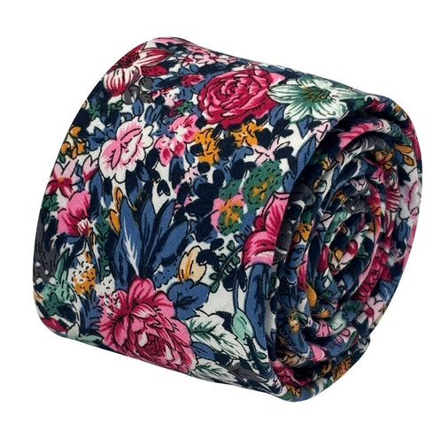 navy blue tie with floral rose design in a vintage 1940s style