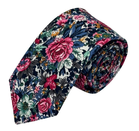 navy blue tie with floral rose design in a vintage 1940s style