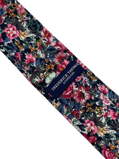 navy blue tie with floral rose design in a vintage 1940s style