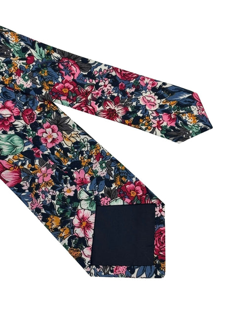 navy blue tie with floral rose design in a vintage 1940s style