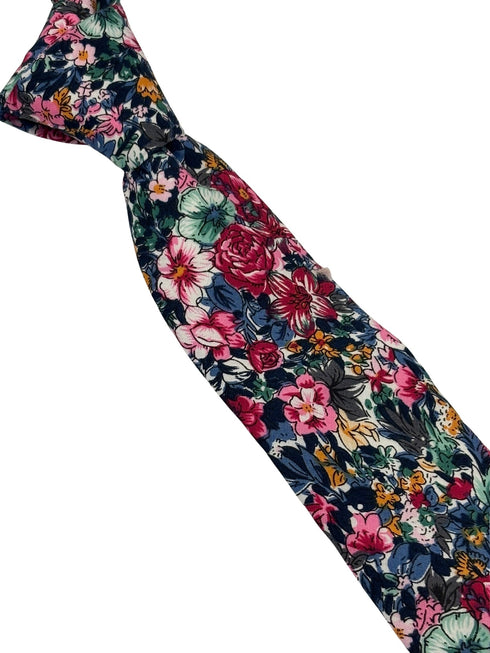 navy blue tie with floral rose design in a vintage 1940s style