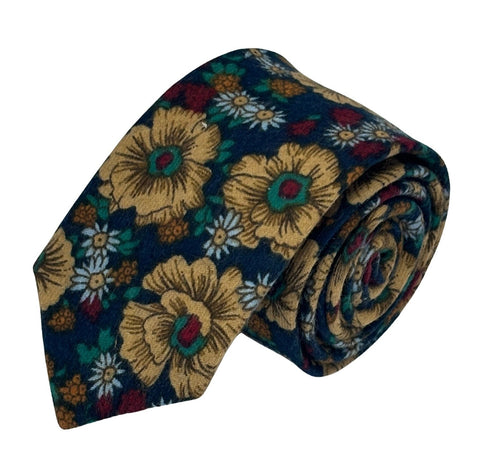 navy blue tie cotton tie with yellow geraniums in a vintage 1940s style