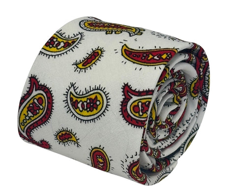 white tie with a red and yellow paisley design