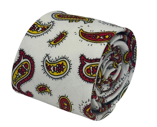 white tie with a red and yellow paisley design