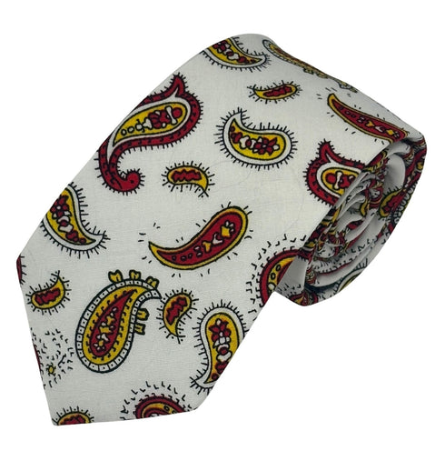 white tie with a red and yellow paisley design