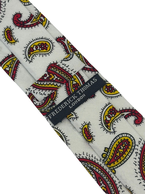 white tie with a red and yellow paisley design