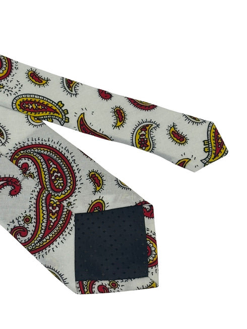 white tie with a red and yellow paisley design