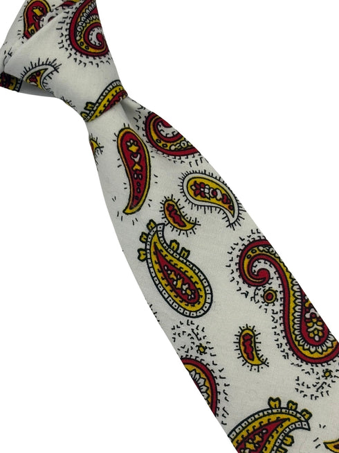white tie with a red and yellow paisley design