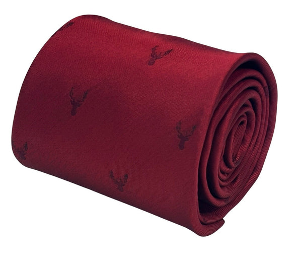 dark red tie with embroidered burgundy deer head design