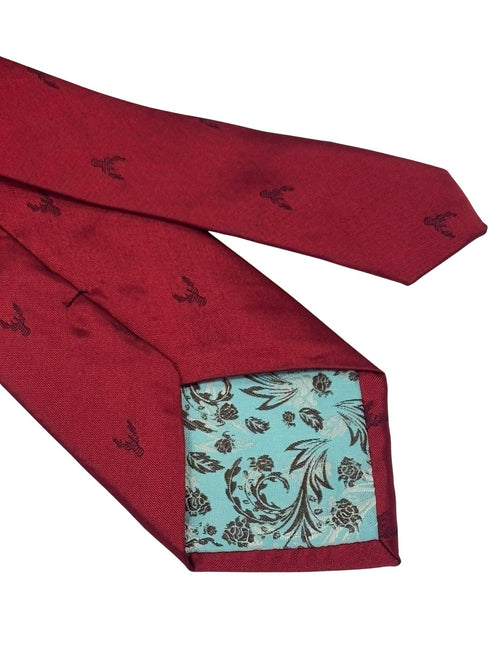 dark red tie with embroidered burgundy deer head design