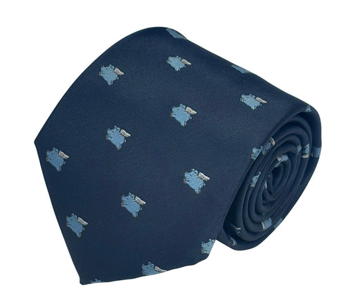 navy blue tie with light blue flying pig design