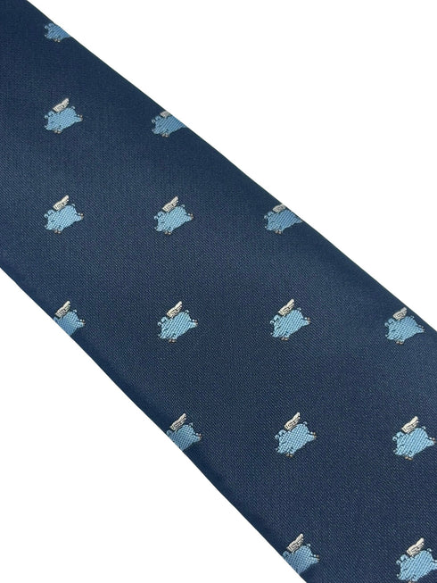 navy blue tie with light blue flying pig design
