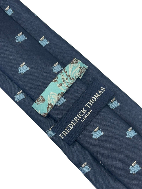 navy blue tie with light blue flying pig design