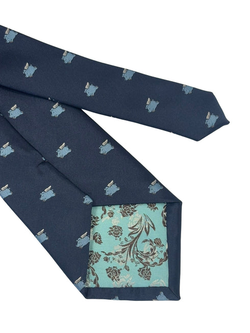 navy blue tie with light blue flying pig design
